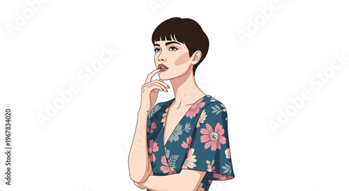 Pensive young woman with short hair and a floral shirt thinking deeply with her finger on her lip on a white background.