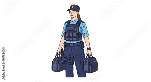 Police officer woman in full tactical uniform and protective vest carrying two equipment bags while walking forward on a white background.