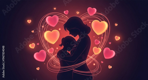 Silhouette of a mother and child embracing surrounded by glowing hearts