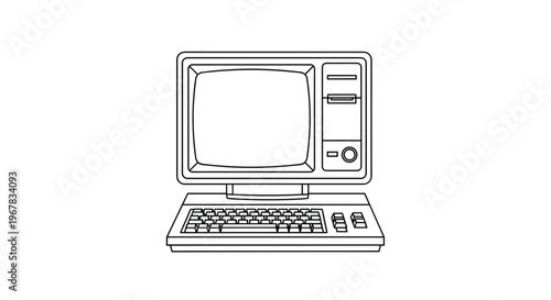 Retro computer workstation from the eighties or nineties era with a monitor and keyboard shown in a simple black and white line art style.