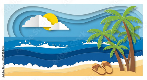 Serene beach scene with palm trees flip flops on sandy shore sunny day with wavy ocean and fluffy clouds