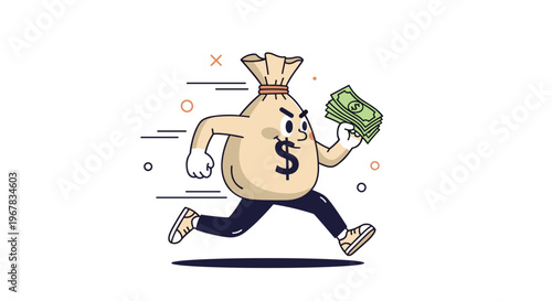 Energetic cartoon money bag character with a dollar sign running fast while holding a stack of green dollar bills on a clean white background.