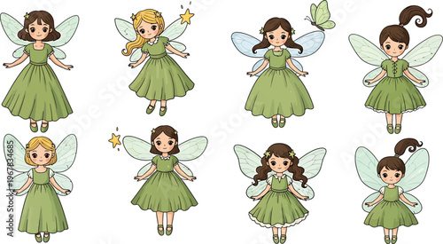 Green Fairies Standing in Row with Wings and Wands