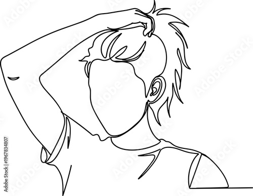 Man with hand in short hair.