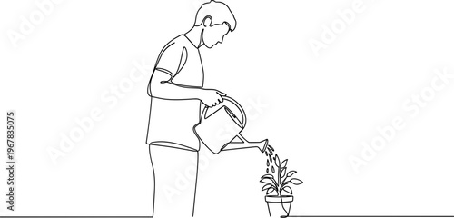 Man watering potted house plant.