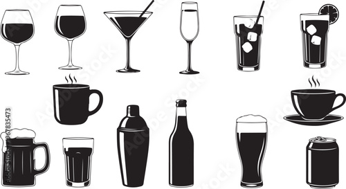 Collection of various alcoholic and non-alcoholic beverage icons and glasses