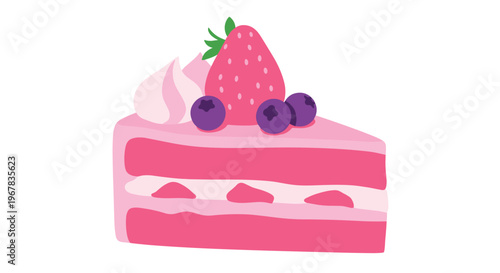 Delicious slice of layered pink strawberry cake topped with a large fresh berry blueberries and a swirl of sweet cream on a white background.