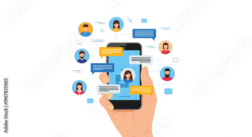 Human hand holding a smartphone surrounded by floating profile icons and speech bubbles representing a social network or communication app.