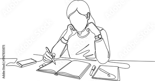 Woman studying with book and pen.