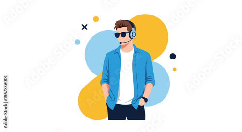 Modern young man wearing blue headphones a denim shirt and dark sunglasses standing confidently against a background of colorful circles.