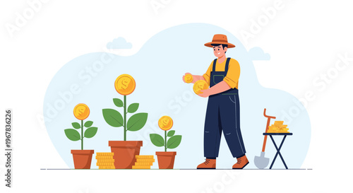 Smiling farmer in a straw hat and overalls carefully tending to plants growing gold dollar coins in pots in a sunny outdoor field.