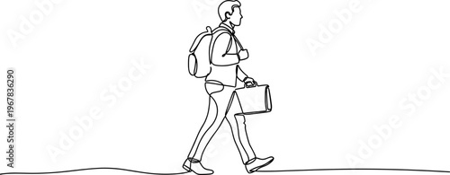 Man walking with briefcase and backpack.