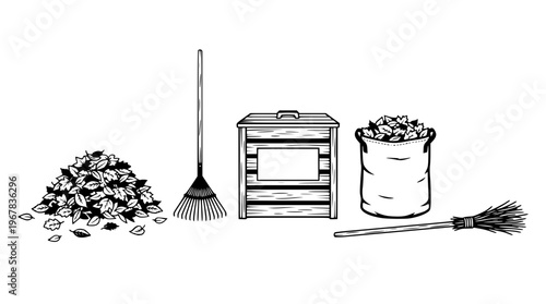 Yard cleanup tools and leaf collection equipment illustration