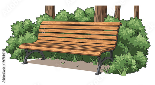 Comfortable wooden park bench with black metal legs situated among green bushes and trees in a peaceful garden or outdoor public space.