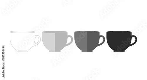 Four teacups illustrating a grayscale gradient from white to black