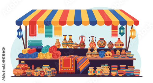 Vibrant traditional market stall under a striped awning displaying a variety of decorated pottery vases bowls and colorful woven rugs.