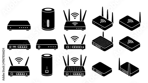 Various types of wireless routers and modems on display