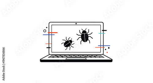 Line drawing of a laptop computer with two black bug icons on its screen representing software bugs or computer viruses.