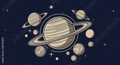 Beautiful stylized depiction of a solar system with a large central ringed planet surrounded by several moons and smaller planets in space.