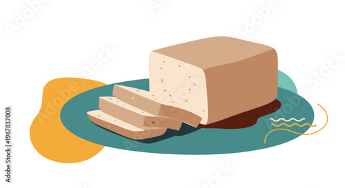 Freshly baked loaf of bread with three slices cut and arranged on a decorative plate against a colorful abstract background.