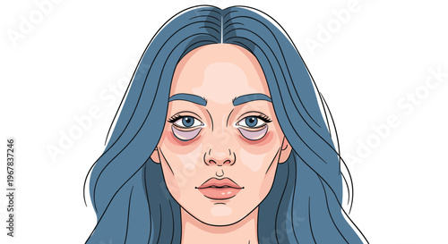 Close up portrait illustration of a tired woman with long blue hair and visible dark circles or bags under her exhausted eyes.