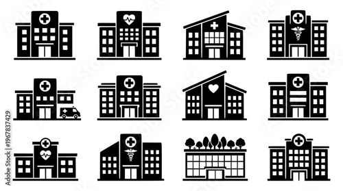 Black and white vector hospital building icons set