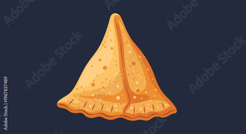 Close-up illustration of a golden-brown crispy samosa, a popular fried pastry snack, on a dark blue background.