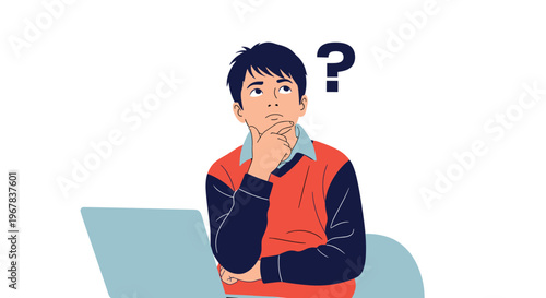 Young boy sitting at a laptop and looking up thoughtfully with a question mark symbol appearing over his head.