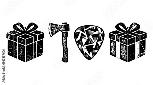 Black and white illustration of gifts and an axe