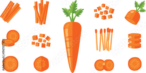 Carrot cuts and shapes flat vector set. Julienned, sliced, diced and whole carrot pieces. Fresh organic vegetable illustration for cooking, recipes, and healthy food design.