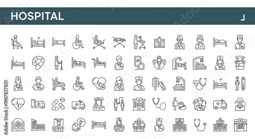 Collection of hospital related line icons depicting medical care and facilities