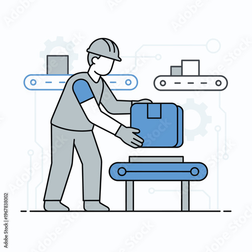 Factory worker placing box on conveyor belt.