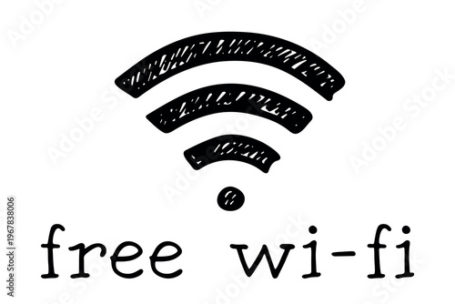Hand drawn free wifi spot zone sign Public wi-fi area sign Wireless internet clipart in doodle style Single element for print, web, design, decor 3G, 4G, 5G, 6G, IoT