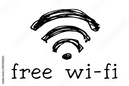 Hand drawn free wifi spot zone sign Public wi-fi area sign Wireless internet clipart in doodle style Single element for print, web, design, decor 3G, 4G, 5G, 6G, IoT