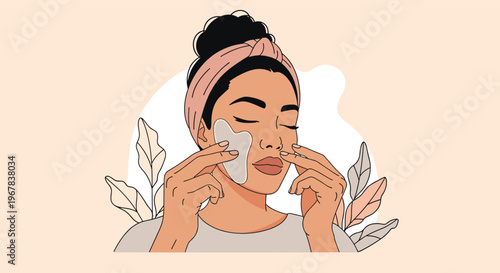 Woman with a high hair bun and headband using a stone gua sha tool on her face for a traditional and relaxing skincare massage.