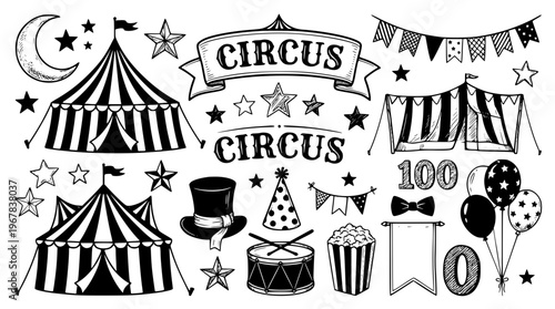Vintage black and white circus graphic illustration design elements