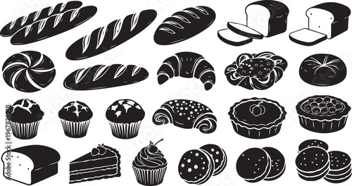 Variety of baked goods and desserts in black and white