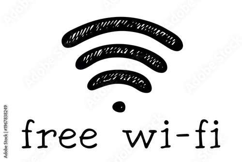 Hand drawn free wifi spot zone sign Public wi-fi area sign Wireless internet clipart in doodle style Single element for print, web, design, decor 3G, 4G, 5G, 6G, IoT