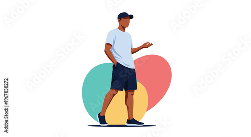 Confident man in a white t-shirt and blue shorts walking forward against a background of large colorful circles.