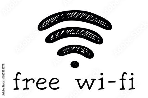 Hand drawn free wifi spot zone sign Public wi-fi area sign Wireless internet clipart in doodle style Single element for print, web, design, decor 3G, 4G, 5G, 6G, IoT