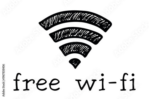 Hand drawn free wifi spot zone sign Public wi-fi area sign Wireless internet clipart in doodle style Single element for print, web, design, decor 3G, 4G, 5G, 6G, IoT