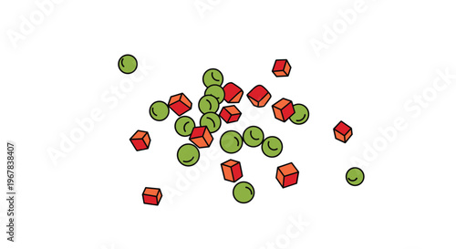Vibrant and colorful illustration of several green peas and orange carrot cubes scattered randomly on a clean white surface.