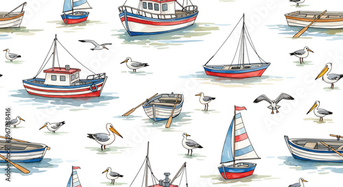 Boats Sailing on Water with Seagulls Flying Overhead Seamless Pattern