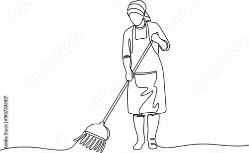 Woman cleaning with a broom.