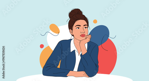 Thoughtful young businesswoman resting her chin on her hand while looking away against an abstract background.