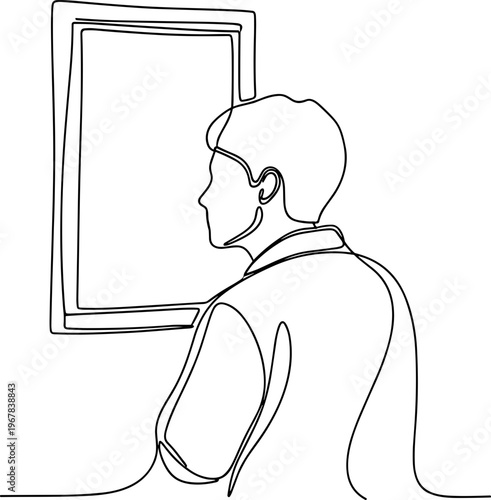 Man looking at blank television screen.