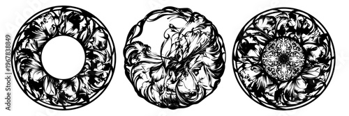 Schilderij op canvas Vintage decorative plates with intricate floral ornament in engraving style