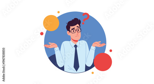 Confused businessman in a light blue shirt and tie shrugging his shoulders with a red question mark floating above his head.
