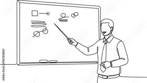Businessman pointing at whiteboard diagram.