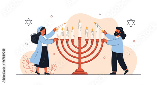 Jewish man and woman lighting the candles on a large traditional menorah to celebrate the Hanukkah holiday with joy and faith.